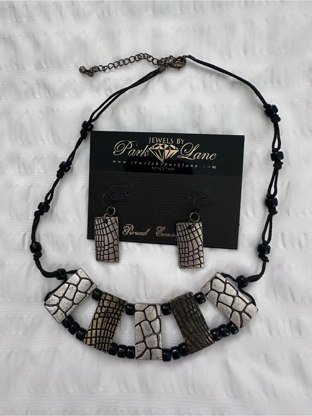 Park Lane Silver and Black Textured Tile Necklace with Matching Earrings